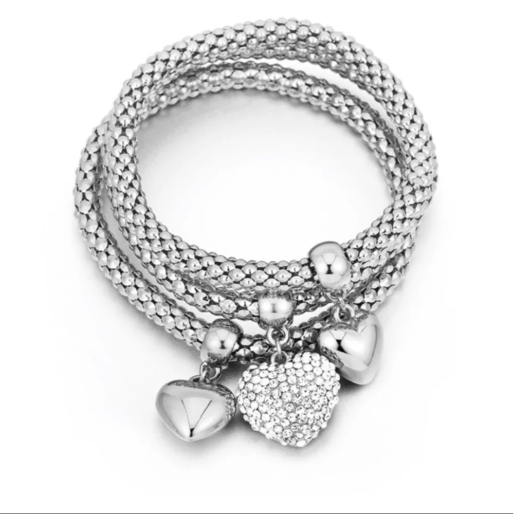 Rhinestone heart charm popcorn silver bracelet set
